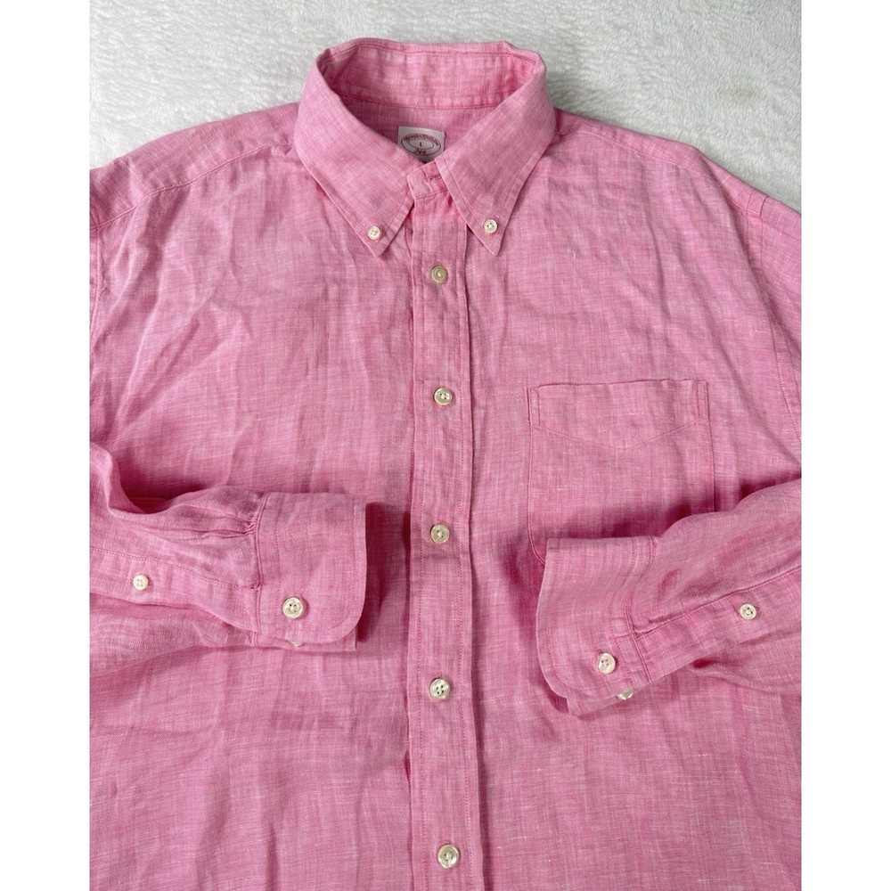 Brooks Brothers Shirt Men's Large Irish Linen Pink Slim Fit Button Down Summer